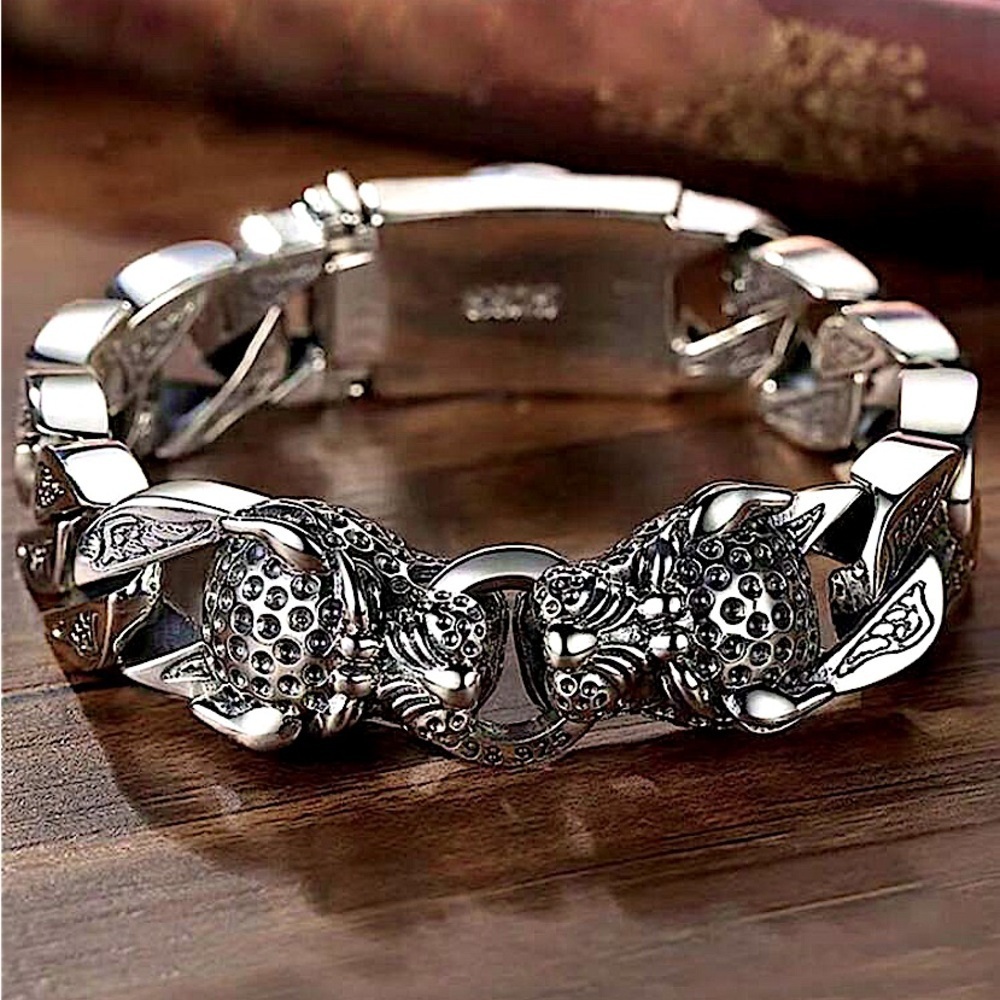 Stainless Steel Leopard Viking Bracelet, Double Headed, Norse, Horsetail, Chain